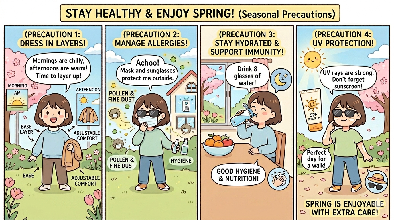 Spring Health Tips: 4 Essential Precautions for Seasonal Changes (Stay Healthy During Spring Transition) spring health tips illustration girl drinking water sunlight