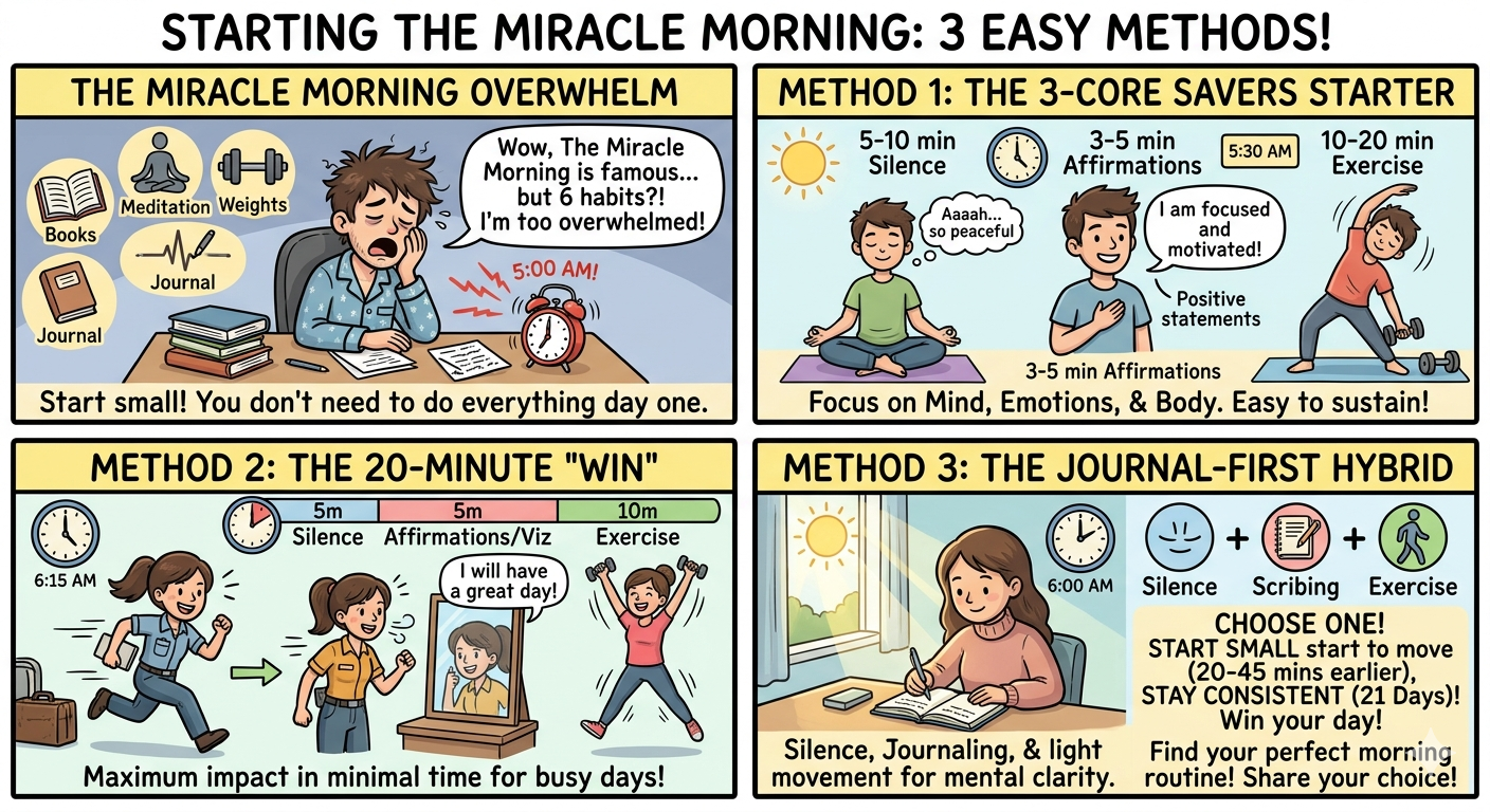 miracle morning routine 3 steps cartoon silence affirmations exercise