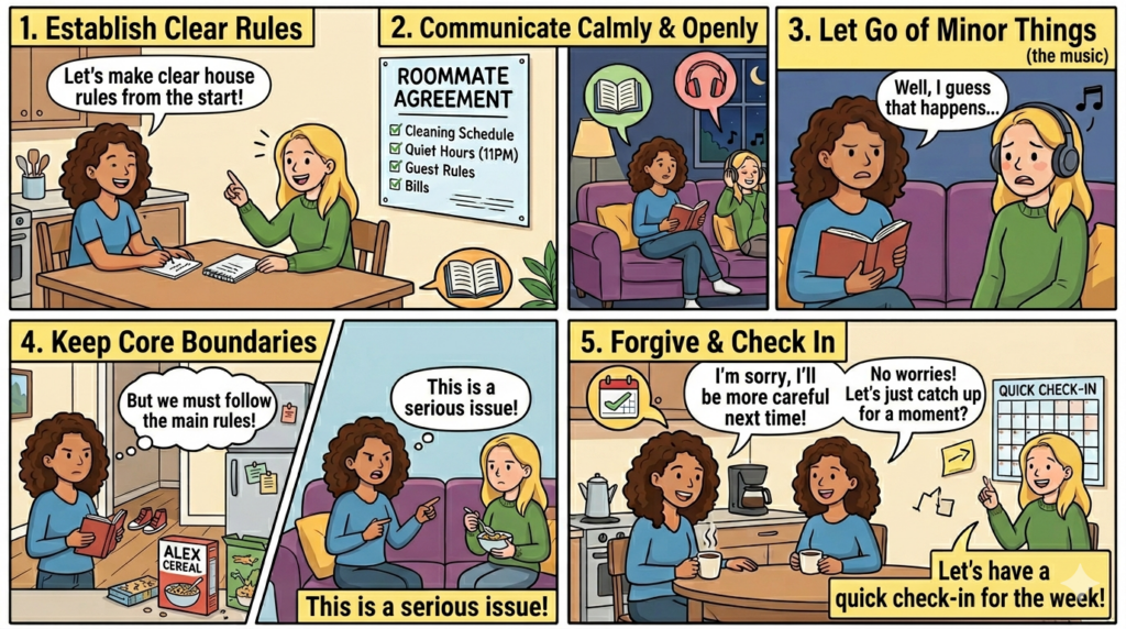 4 Practical Ways to Avoid Roommate Conflicts roommate conflict tips cartoon infographic